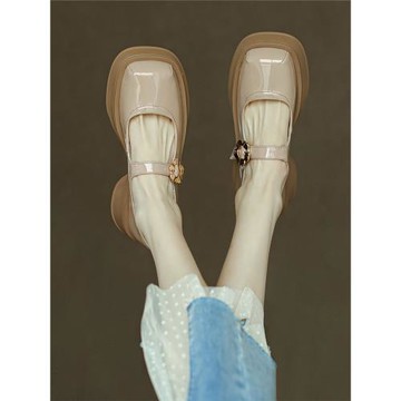 手工真皮~經典小香風~方頭小個子厚底瑪麗珍鞋女春淺口一字帶單鞋