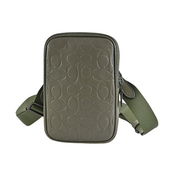 COACH 橄欖綠C LOGO浮雕拼接素面皮革方型小款斜背男包