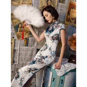 愛旗2025春夏新款氣質復古修身年輕款日常改良老上海絲綢長旗袍裙