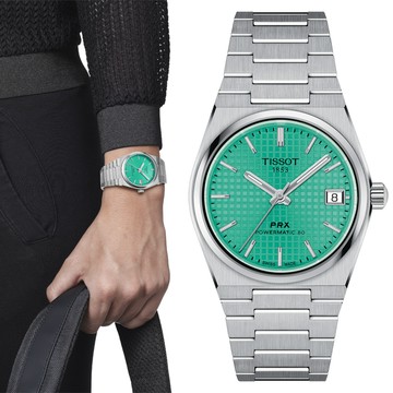 TISSOT 天梭 PRX系列 復刻款酒桶形機械錶/薄荷綠/35mm/T1372071109101