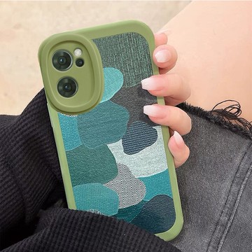 適用于opporeno7手機殼豆綠色復古拼接油畫reno6女生新款小羊皮reno5大眼睛reno5k全包reno7防摔防滑保護軟套