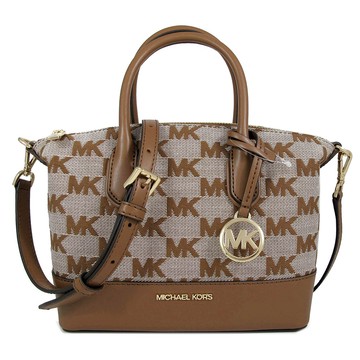 MICHAEL KORS HYDE 金字Logo馬鞍棕色緹花滿版MK水餃兩用包