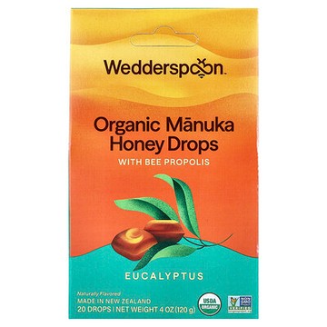 Wedderspoon, 有機麥盧卡蜂蜜潤喉糖，含桉葉和蜂膠，20 塊，4 盎司（120 克）