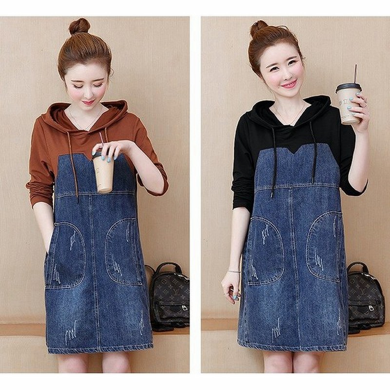 大きいサイズ レディース デニム切り替えパーカーワンピース ダメージ 異素材 ジャンスカ ジャンパースカート 秋冬 長袖 通販 Lineポイント最大get Lineショッピング