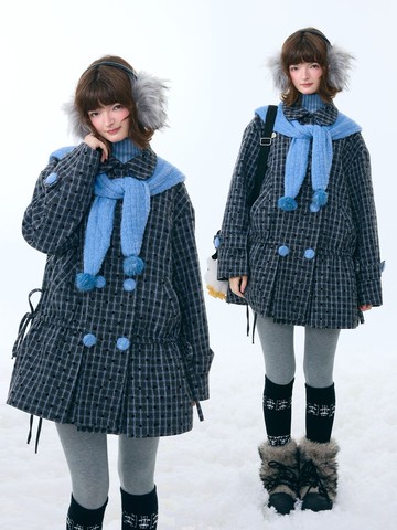 ziziFei秋冬季美式設計感中長款深灰色格紋娃娃領毛大衣外套女