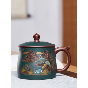 宜興紫砂杯彩繪山水辦公蓋杯男士大容量帶把泡茶杯子茶缸陶瓷茶具