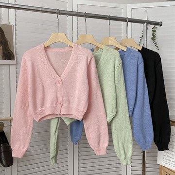 兩粒扣V領粉色泡泡袖針織衫女2022年秋冬韓版時尚百搭短款打底衫