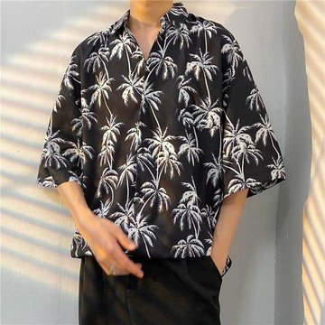 夏威夷沙灘花襯衫男港風痞帥短袖泰式寬鬆炸街vintage垂墜感襯衣