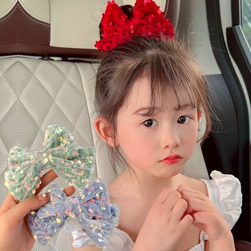 紅色亮片女童發夾立體蝴蝶結精致高檔寶寶發飾公主不傷發頂夾