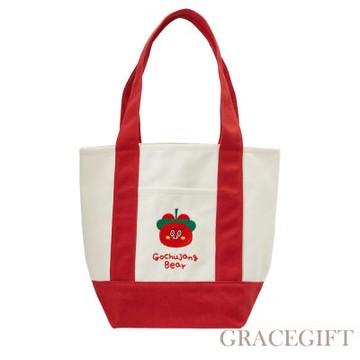 【Grace Gift】Wasabi Bear-辣椒醬熊撞色口袋肩背帆布包 正紅