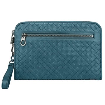 【BOTTEGA VENETA 寶緹嘉】493190 經典編織L型中性款掛腕拉鍊平板包/手拿包(藍綠)