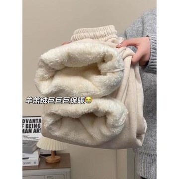 胖mm大碼女裝羊羔絨加厚休閑褲女冬季新款杏色棉褲保暖加絨衛褲子