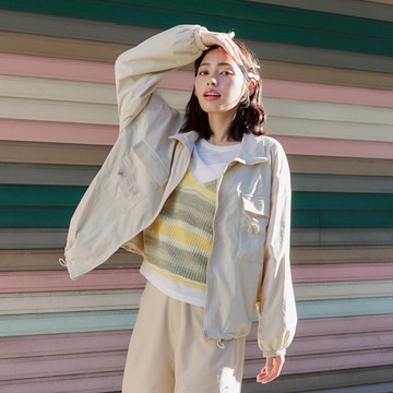 【Dailo】運動風動物耳朵口袋休閒外套 黑 米 紫