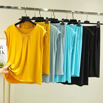 莫代爾睡衣套裝背心短褲家居服女夏薄款大碼寬松兩件套休閑可外穿