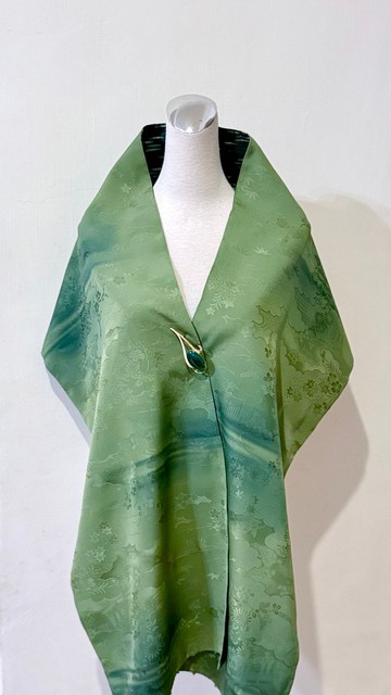 純手作/日本古董撞色綠色絲質古典花草風景紋樣織花漸層圍巾披肩
