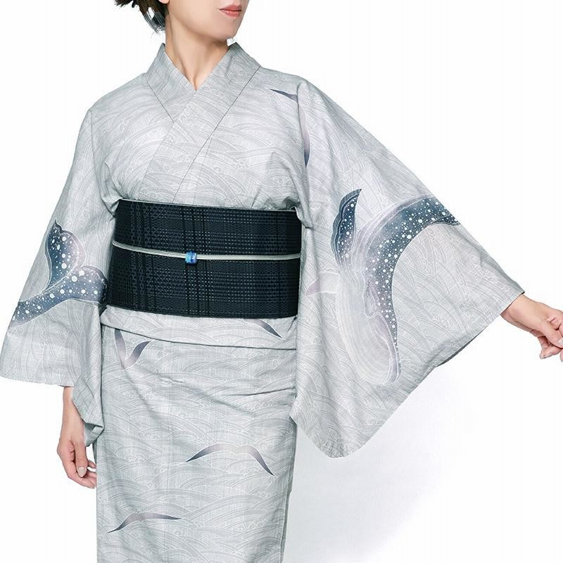 綿　浴衣　グレー　流水にかもめ 浴衣 絵羽 鯨 グレー 綿紅梅 海 波 レディース 30代 40代 50代