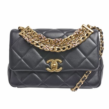 CHANEL香奈兒 經典黑粉水鑽雙C LOGO提把菱格紋小羊皮手提/斜背包(黑色)