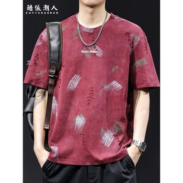 破洞潮牌短袖t恤男士夏季2025新款大碼高端衣服上衣云染提花體恤