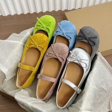 法式絨面小單鞋2025四季百搭平底豆豆鞋一腳蹬蝴蝶結軟底女鞋低跟