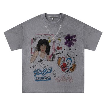 51嘻哈美式趣味涂鴉印花短袖T恤男女復古vintage做舊寬松重磅半袖