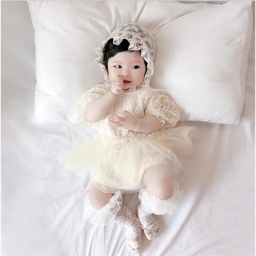 INS嬰兒連體衣韓女蕾絲公主網紗新生滿月百天拍照裙三角爬服哈衣