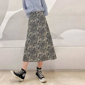 斑馬紋a字半身裙中長款斜紋26春秋女休閑顯瘦高腰顯瘦拉鏈小a長裙