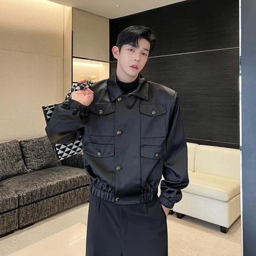 小香風廓形墊肩工裝外套男春秋2023新款高級感醋酸緞面短款夾克衫