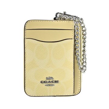 COACH  鵝黃色C LOGO PVC拼接奶油黃素面皮革鏈帶方型卡夾零錢包