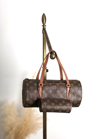 【日本直送 名牌中古包】LOUIS VUITTON 壓紋手提包 棕色 PVC 皮革 PAPILLON 小包 vintage 4gch42