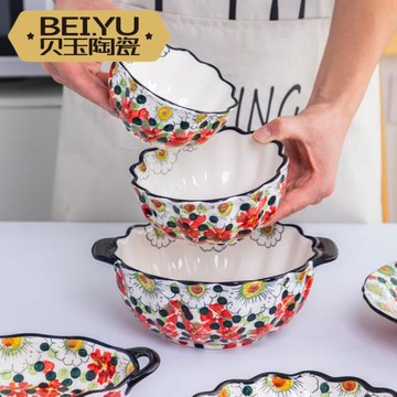 貝玉景德鎮碗手繪釉下彩餐具家用2024新款陶瓷吃飯碗碟套裝泡面碗