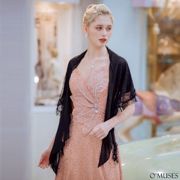 OMUSES 蕾絲雪紡黑色罩衫披肩