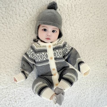 秋冬新款新生寶寶嬰幼兒春裝爬服圣誕風長爬連體哈衣爬服帶帽套裝
