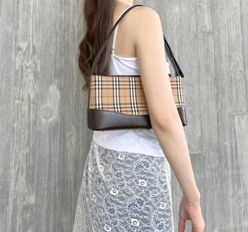 Burberry經典格仔戰馬長形啡色腋下包手提肩背袋 日本中古