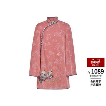 lefame拉飛姆春秋絲絨繡花燙鉆斜開襟新中式旗袍連衣裙女