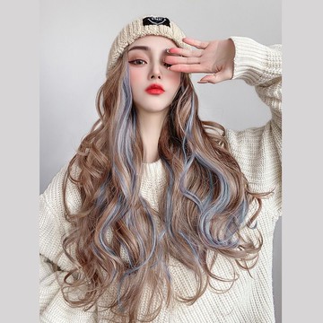 免運🔥假髮女長髮帽子假髮一體網紅挑染針織帽中長卷發全頭套式仿真人發全頭套式假髮套 假髮帽 一體式整頂假髮帽 整頂假髮
