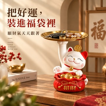 【招財貓的家】7寸福袋托盤招財貓 生日禮物 開業禮物 開運 招財 喬遷禮物 交換禮物＃CAT132
