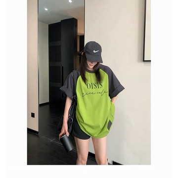 【RICECAKE & OISIS】美式撞色 拼接印花 短袖t恤 高級感 百搭 oversize 上衣 女