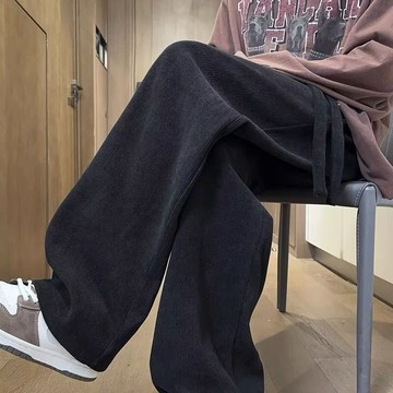 【臺灣出貨】燈芯絨加厚直筒褲子男 春秋新款潮牌寬鬆直筒闊腿褲男士 燈芯絨休閒oversize垂感長褲白色衛褲