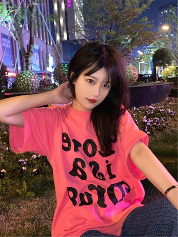 玫粉色短袖t恤女夏季新款寬松ins潮牌oversize原宿風上衣