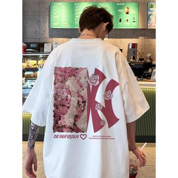 美式vintage高街短袖t恤夏季男生新款浪漫花墻設計情侶純棉半袖衫