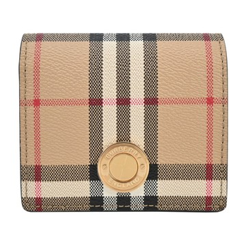 [平輸版]BURBERRY 浮雕LOGO LOGO格紋皮革對開短夾(卡其)真品平輸