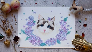 寵物 x 植物花卉 水彩 客製化 手繪 插畫 七寸 半身肖像 含畫框