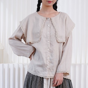 海軍領蕾絲棉麻襯衫122172C