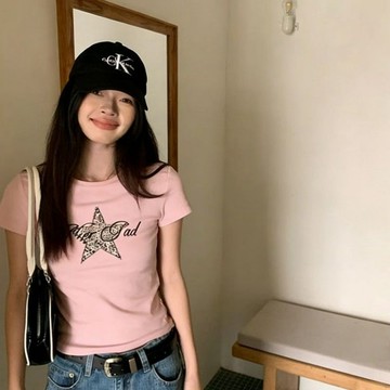胖胖美依 上衣 短袖T卹 辣妹 S-XL新款美式復古辣妹風小眾豹紋星星正肩短袖設計感修身顯瘦上衣-14841.