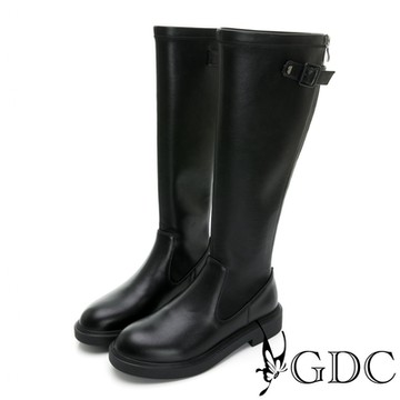 GDC-騎士風純色俐落瘦腿款圓頭低跟長靴-黑色