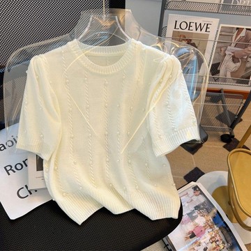 衣時尚 上衣 針織衫 短袖T卹 毛衣 小衫 新款圓領釘珠短袖針織衫女時尚氣質薄款百搭顯瘦洋氣上衣-6109.