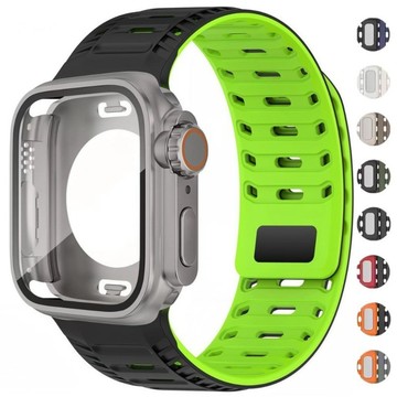防水全保護殼+磁性矽膠錶帶兼容 Apple Watch 46mm 44mm 45mmSeries11 10 9 8 7