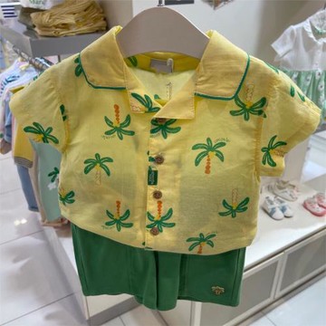 韓國童裝 24夏款兒童椰樹滿印度假風小翻領短袖襯衣 短褲洋氣套裝