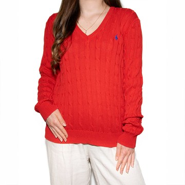 Polo Ralph Lauren RL 熱銷V領刺繡小馬麻花毛衣(女)-紅色