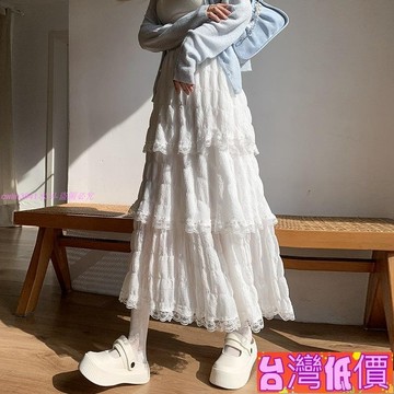 悅裳💎台灣免運💎2025夏季 溫柔甜美蕾絲半身裙女高腰垂感A字蛋糕裙蓬蓬裙肌理感雪紡紗紗裙